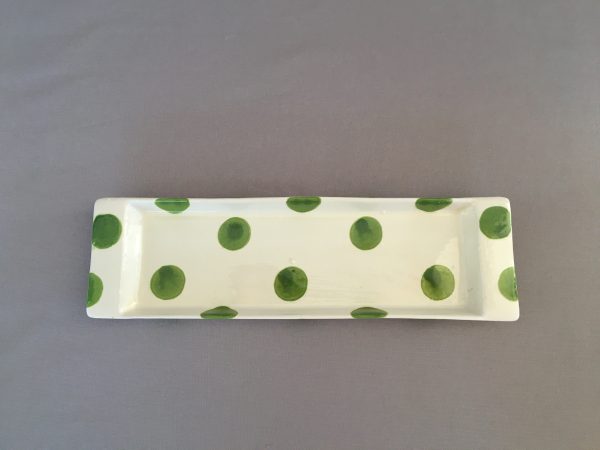Keramikplatte grün gepunktet, 29x 8,5 cm, In einer kleinen Manufaktur hergestellt, Nijar/ Almeria